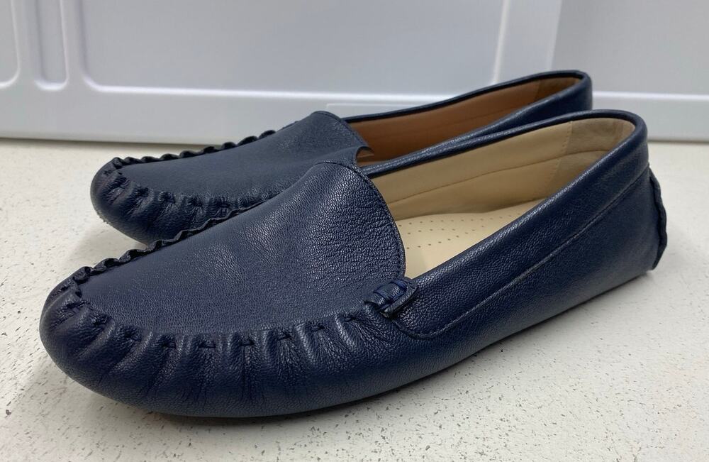 Women Cole Haan Evelyn Driver navy blue leather slip-on casual loafers shoes 7B